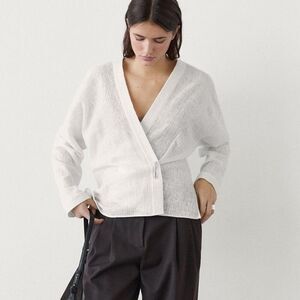 Massimo Dutti Women Shirt XS Cream Wool Cotton Surplice Neckline 5133/791 NWT